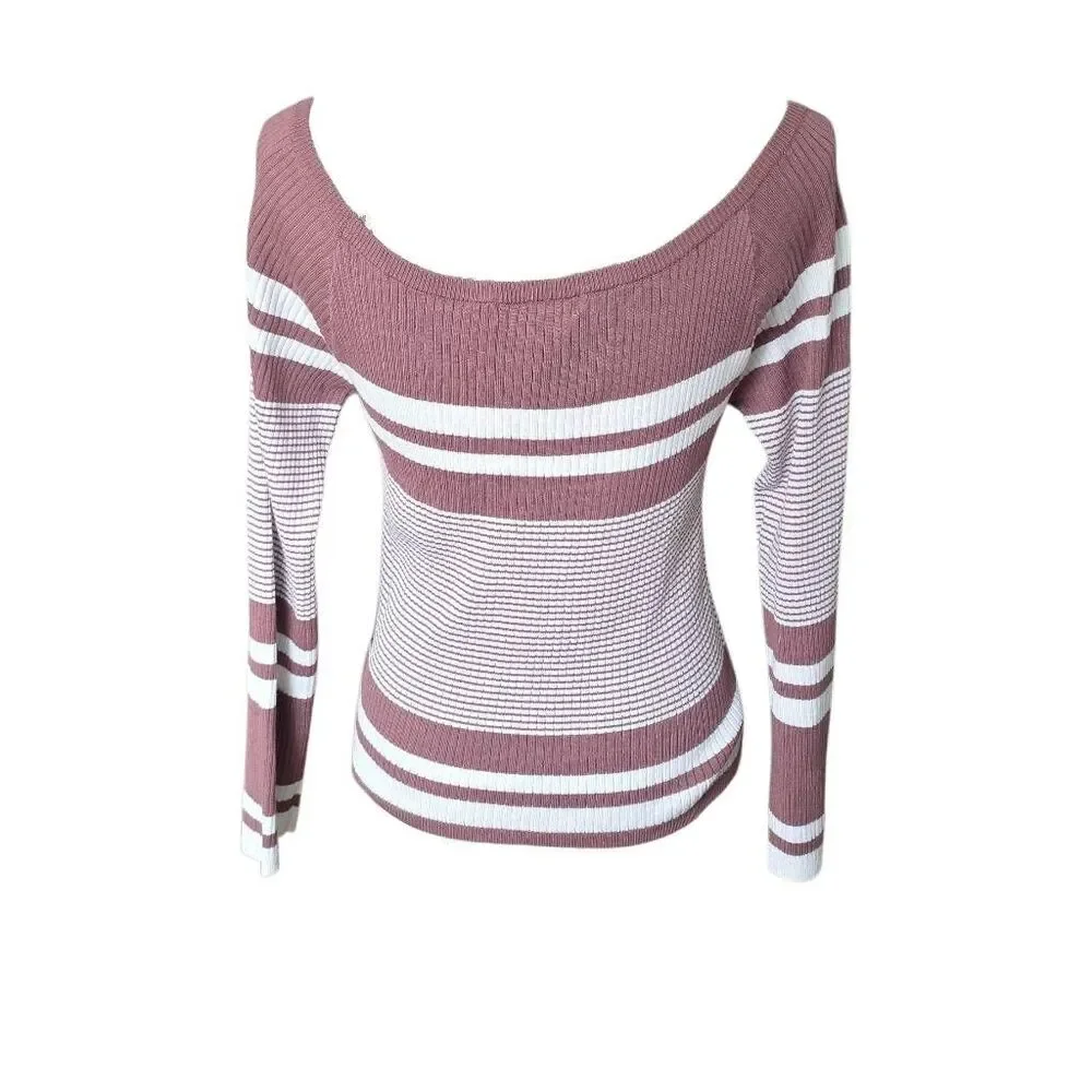Closet Space Women's Size XL Mauve White Striped Ribbed Scoop Neck Knit Top